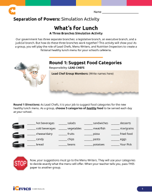 Separation of Powers: What's for Lunch? - Checks & Balances Simulation & Lesson Plan 01 - Simulation Activity