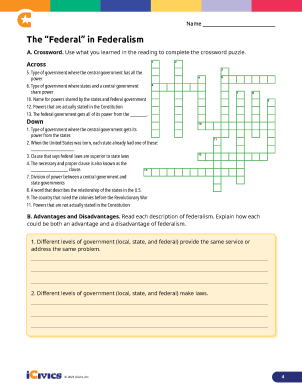 The Federal in Federalism Lesson Plan 04 - Crossword Puzzle Activity 